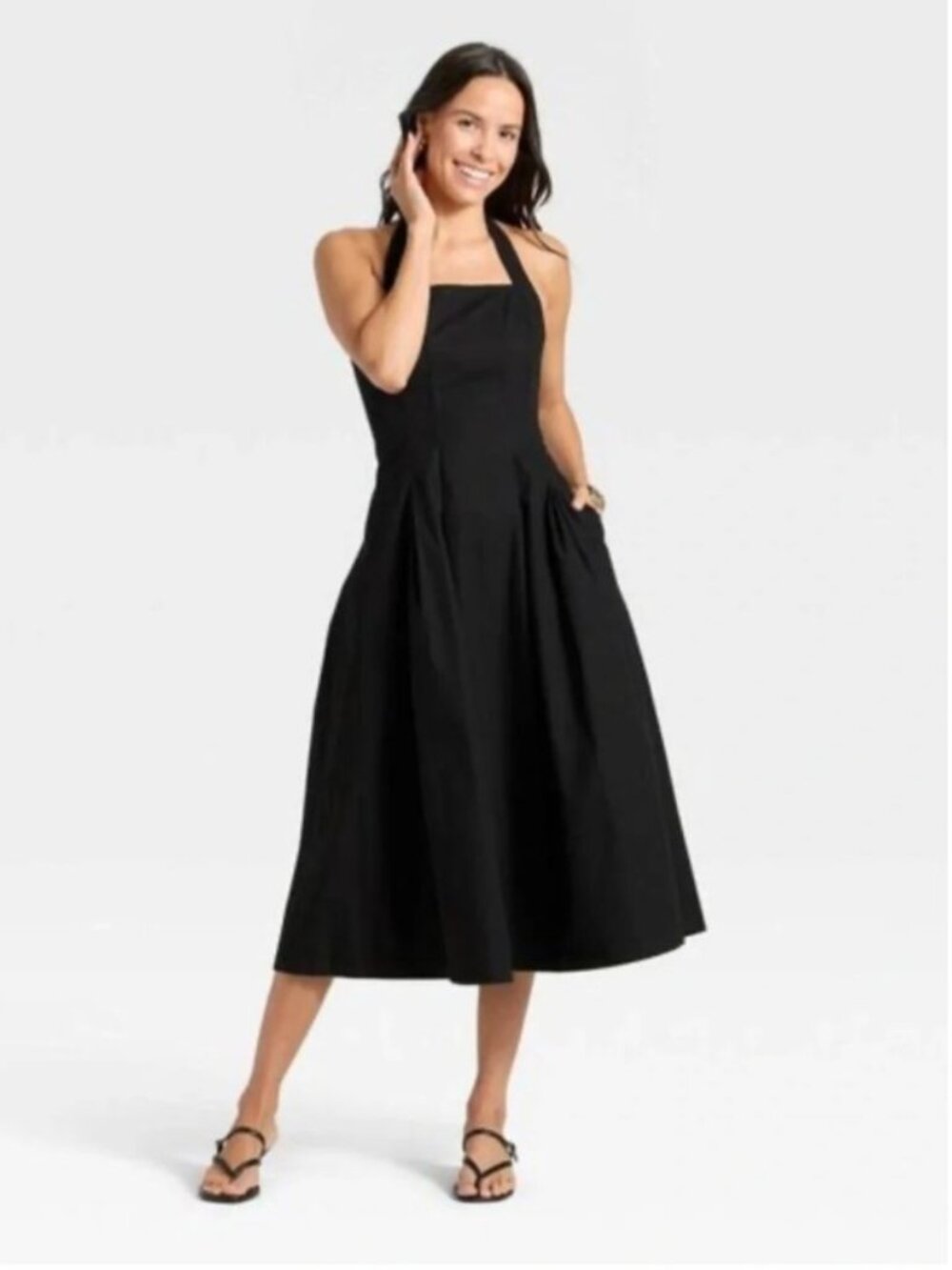 A New Day Black Halter Dress Smocked Back Side Zip Pockets Unlined Midi NWT M